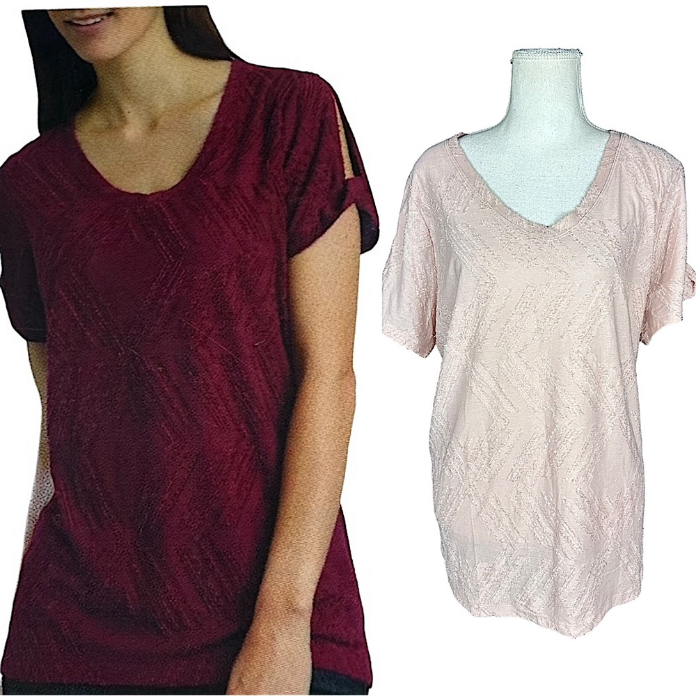 PEACE & PEARLS: NWT Textured Short Sleeve Open Shoulder Pink Shirt -Size XL